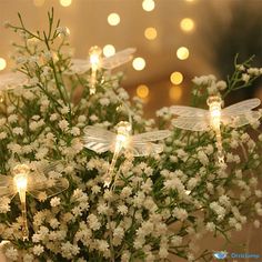 some white flowers and lights are in a vase