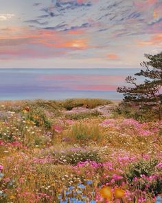 a painting of wildflowers and trees in the foreground with an ocean in the background