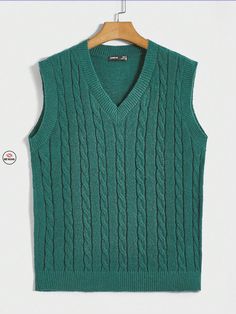 DENGSS  Men Cable Knit Sweater Vest Sweater Vests Men, Mens Sweater Vest, Vest Outfits Men, Lookbook Ideas, Green Sweater Vest, Drop Shoulder Cardigan, Casual Knitwear