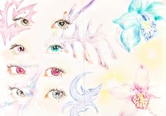 a drawing of different colored eyes and flowers