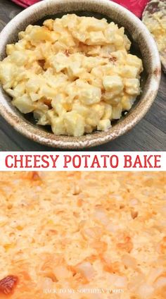 two pictures showing different types of cheese potato bake, and the same image with text overlay that reads cheesy potato bake