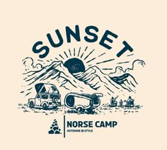 the sunset horse camp logo is shown in black and white, with an image of mountains behind it