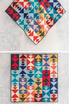 two pictures of the same quilt, each with different colors and patterns on it's sides