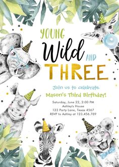 an animal birthday party with zebras and giraffes in the middle, surrounded by leaves