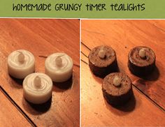 four candles sitting on top of a wooden table next to each other with white wax