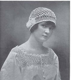 an old black and white photo of a woman wearing a hat with crochet