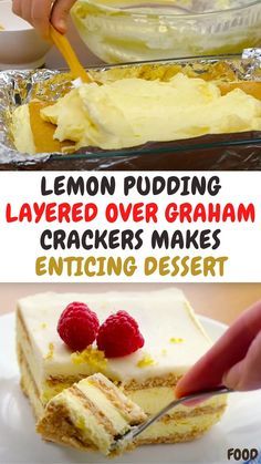 lemon pudding layered over graham crackers makes enticing dessert