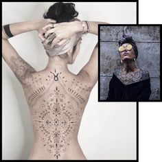 the back of a woman's body with tattoos on it and an image of her face