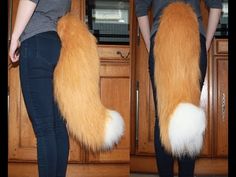 the legs of a woman in black pants are made out of furry animal tail tails