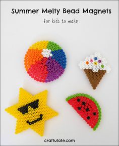 four different types of bead magnets with text overlay that says summer melty bead magnets for kids to make