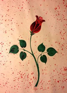 a painting of a red rose with green leaves and splatters on a white background