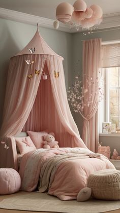 a pink canopy bed sitting in a bedroom next to a window with curtains on it