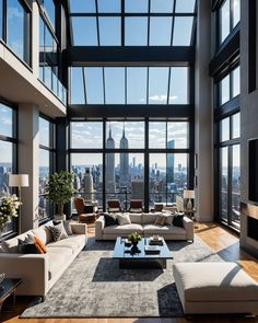 a living room filled with lots of furniture and large windows overlooking the cityscape