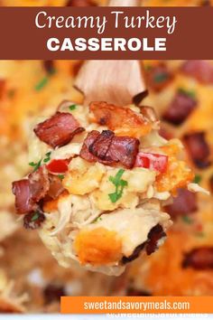 a wooden spoon with creamy turkey casserole Corn Casserole In Crockpot, Casserole In Crockpot, Slow Cooker Corn Casserole, Turkey Casserole Recipes, Baked Ziti With Chicken, Sweet Corn Casserole, Thanksgiving Casserole Recipes, Turkey Casserole Recipe, Cream Cheese Chicken Enchiladas