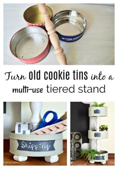 an old cookie tin is transformed into a multi - tiered stand for the kitchen