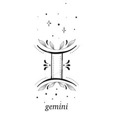 the word gemini written in black ink on a white background with stars and leaves