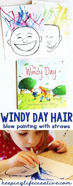 a child's drawing with the words windy day hair on it and an image of a