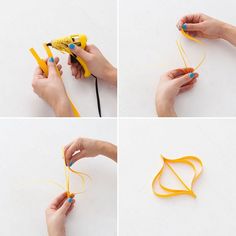 four pictures showing how to make an origami leaf with scissors and yarns