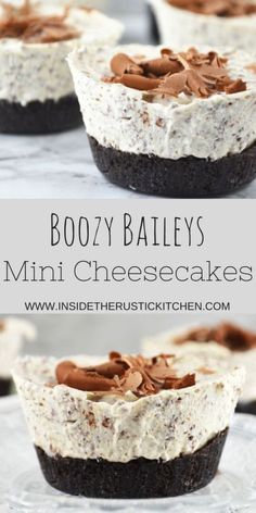 three images of boozy bailey's mini cheesecakes with chocolate frosting