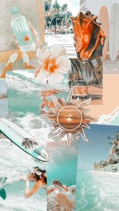 a collage of photos with surfboards and flowers