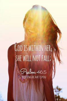 a woman with long hair standing in front of the sun and text that reads god is within her, she will not fall