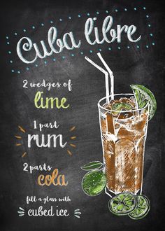 a chalkboard menu for a cold beverage with limes and rum in it on a blackboard background