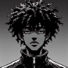 a black and white drawing of a young man with curly hair wearing a hoodie