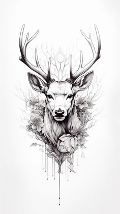 a drawing of a deer's head with flowers on it