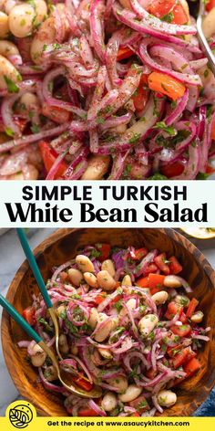 a salad with white beans and red onions is shown in two different pictures, the same side by side