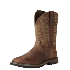 a brown cowboy boot with an eagle design on the side and black outstep