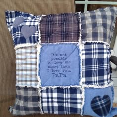 a blue and white plaid pillow with a poem written on the front in cursive writing