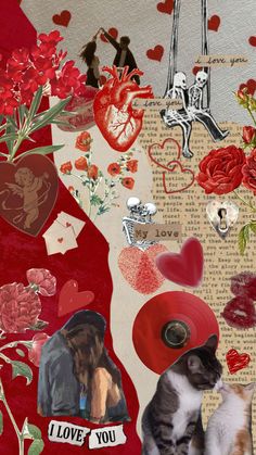 a collage of images with hearts, flowers, and other things on it that include a cat