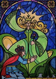 a stained glass window with a woman and man holding hands in front of the sun