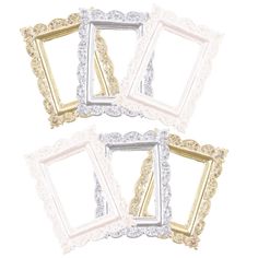 three white and gold framed pictures on a white background