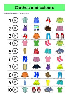 clothes and colours worksheet for kids to learn numbers 1 - 10 with pictures