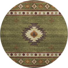 a round rug with an abstract design on the center in green and brown colors,