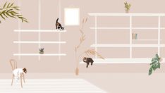 two cats sitting on shelves in a room with bookshelves, plants and potted plants