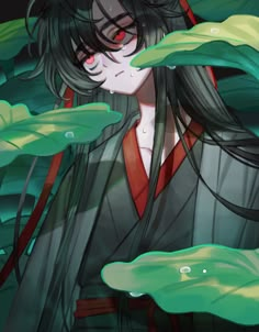 an anime character with long black hair and red eyes standing in front of green plants