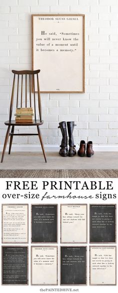 a blackboard with the words free printable over side and below it is a wooden chair