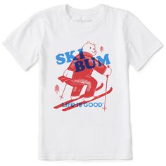 a white t - shirt with an image of a skier on the front and back