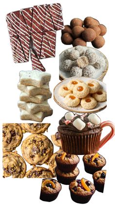 an assortment of pastries and desserts displayed on a white background