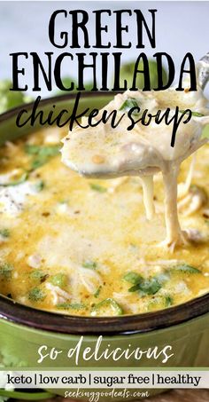 green enchilada chicken soup in a green pot with a ladle scooping out