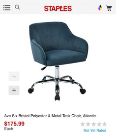 a blue office chair with chrome wheels and casteors