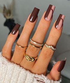 Brown Nail Art, Brown Acrylic Nails, Brown Nails Design, September Nails, Square Nail Designs, Fancy Nails Designs, Fall Acrylic Nails, Thanksgiving Nails, Brown Nails