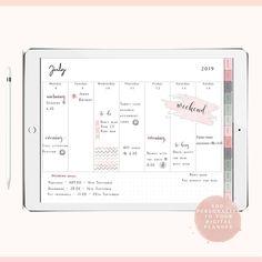 a tablet with a planner on it next to a pink and white wallpaper background