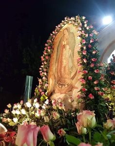 the statue is surrounded by flowers and greenery