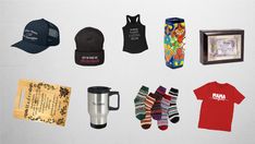 there are many items that can be found on this item, including hats, socks, and t - shirts