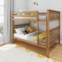 a wooden bunk bed sitting in a bedroom next to a white rug on top of a hard wood floor