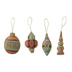 three ornaments hanging from strings on a white background