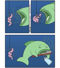 a cartoon depicting a shark biting a toothbrush with its mouth and teeth hanging down